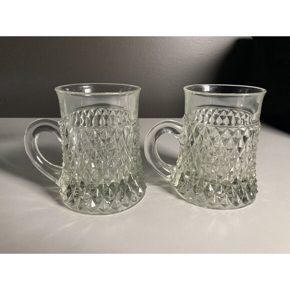 Vintage Indiana Glass Mugs (Set of 2) Diamond Point Pattern • Tankards - Picture 2 of 5